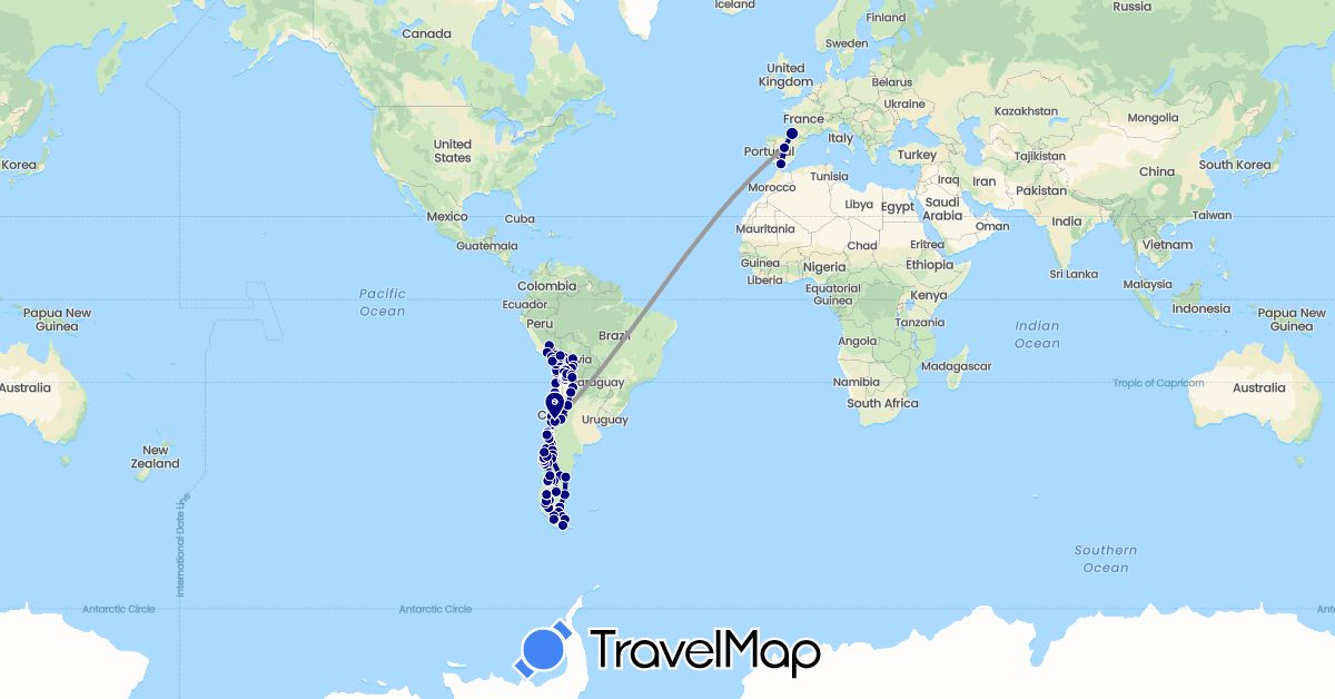 TravelMap itinerary: driving, plane in Argentina, Bolivia, Chile, Spain, France, Peru (Europe, South America)